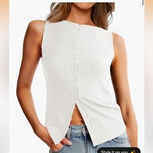 White Ribbed Button Front Tank Top. Sleeveless Top Size Large